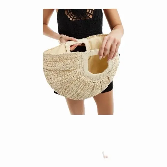Ramla Bohemian Tan Woven Straw Half Moon Hobo Bag New Handmade Zip Closure - Picture 3 of 16